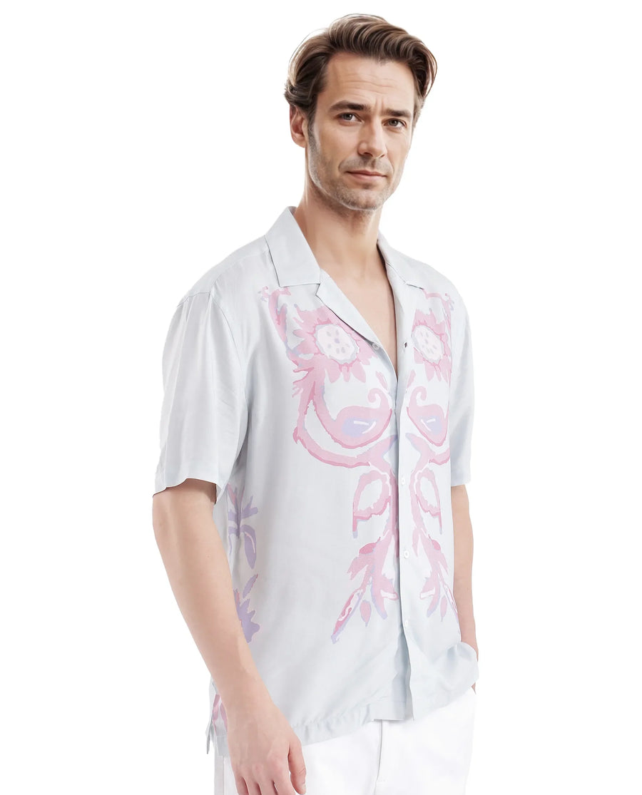 Rare Rabbit Men's Gome Light Blue Cotton Printed Boxy Fit Half Sleeve Cuban Collar Shirt