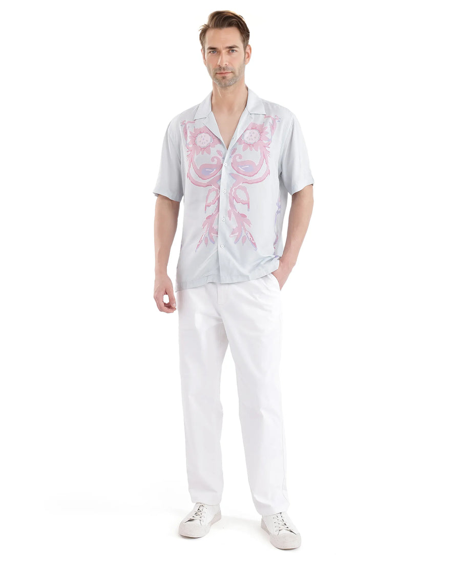 Rare Rabbit Men's Gome Light Blue Cotton Printed Boxy Fit Half Sleeve Cuban Collar Shirt