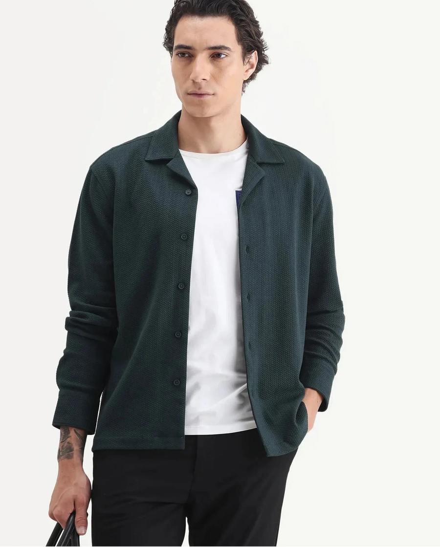 Rare Rabbit Men's Gomi Dark Green Cotton Blend Fabric Full Sleeve Regular Fit Textured Shirt