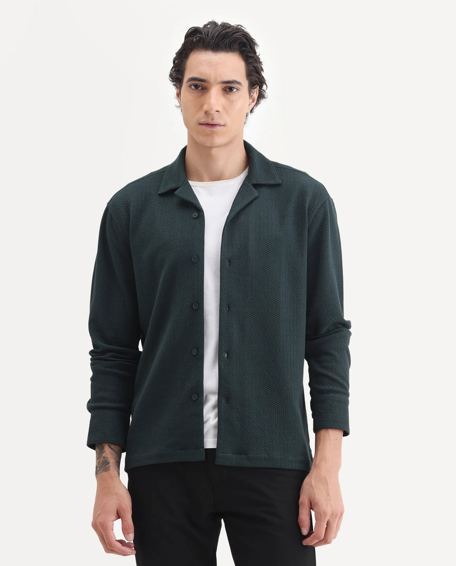 Rare Rabbit Men's Gomi Dark Green Cotton Blend Fabric Full Sleeve Regular Fit Textured Shirt