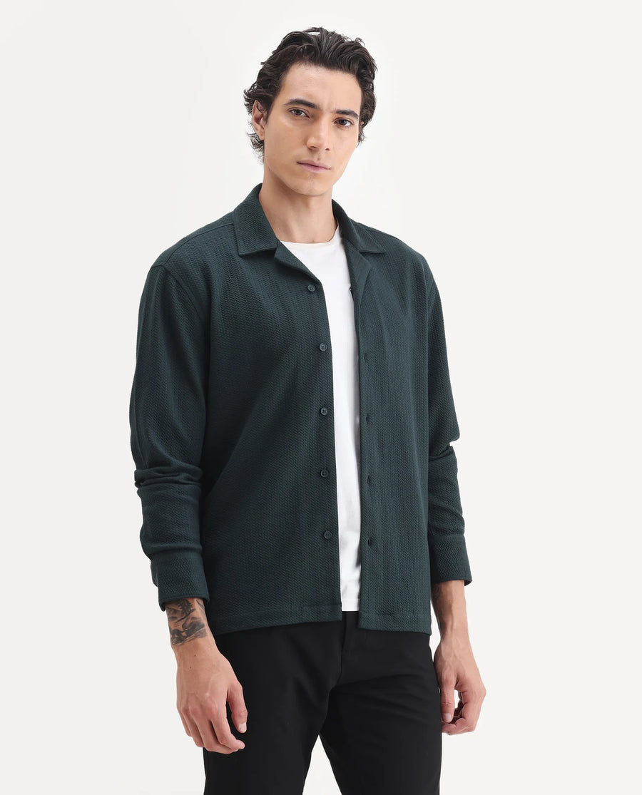 Rare Rabbit Men's Gomi Dark Green Cotton Blend Fabric Full Sleeve Regular Fit Textured Shirt