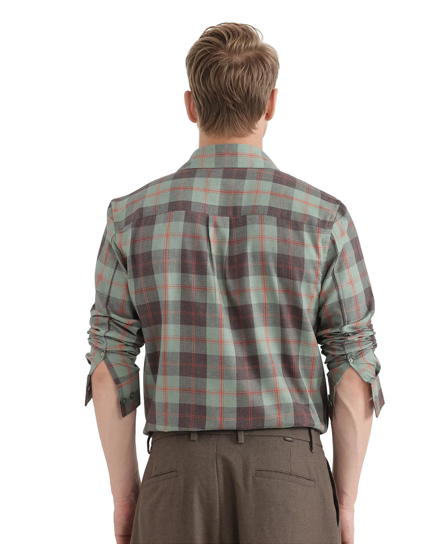 Rare Rabbit Men's Gory Dark Olive Cotton Checked Print Regular Fit Full Sleeve Collared Shirt