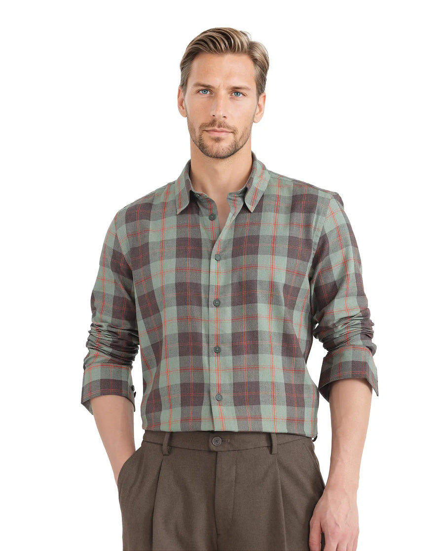 Rare Rabbit Men's Gory Dark Olive Cotton Checked Print Regular Fit Full Sleeve Collared Shirt