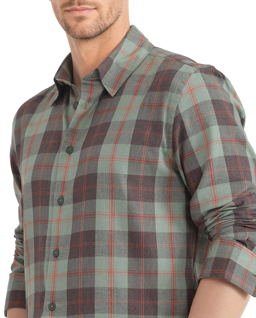 Rare Rabbit Men's Gory Dark Olive Cotton Checked Print Regular Fit Full Sleeve Collared Shirt
