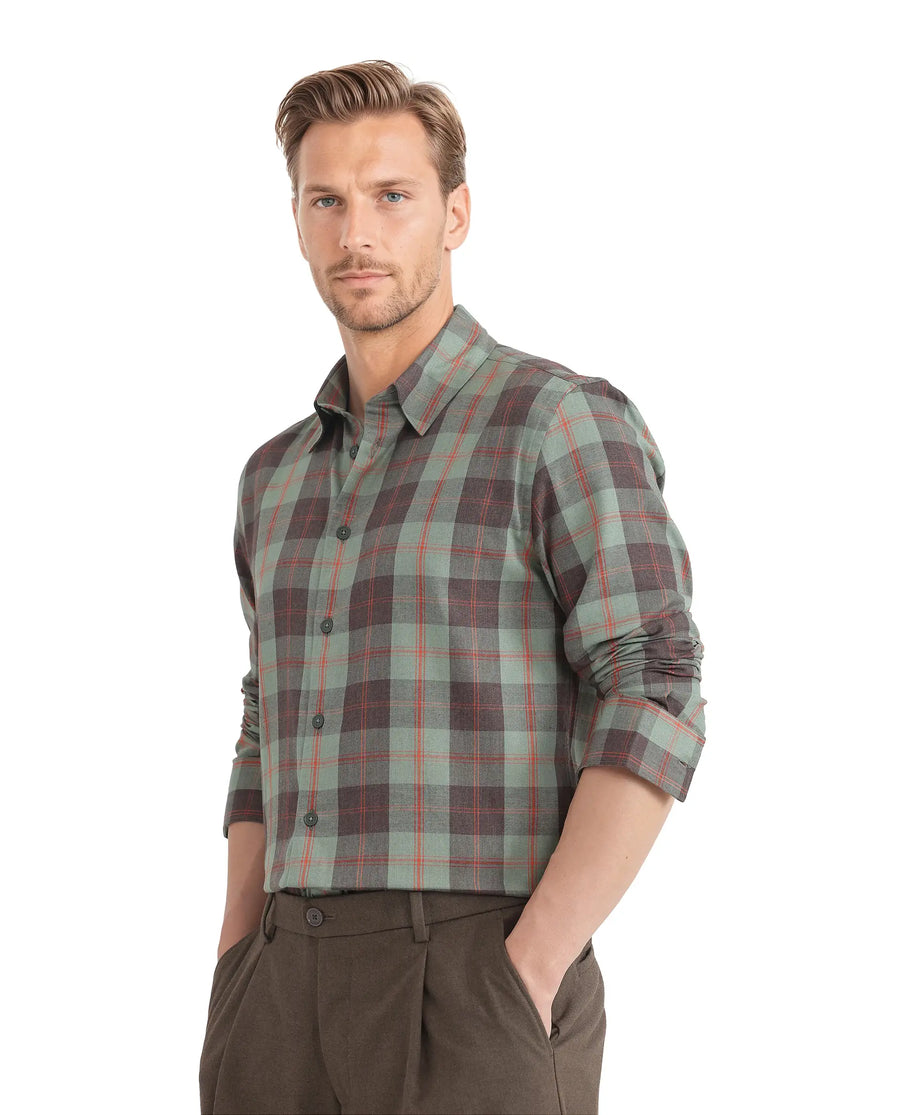 Rare Rabbit Men's Gory Dark Olive Cotton Checked Print Regular Fit Full Sleeve Collared Shirt