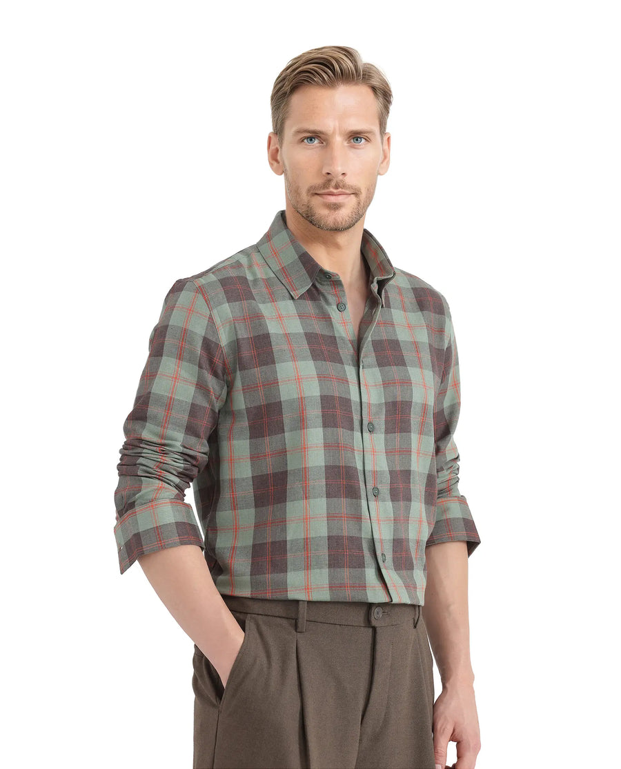 Rare Rabbit Men's Gory Dark Olive Cotton Checked Print Regular Fit Full Sleeve Collared Shirt
