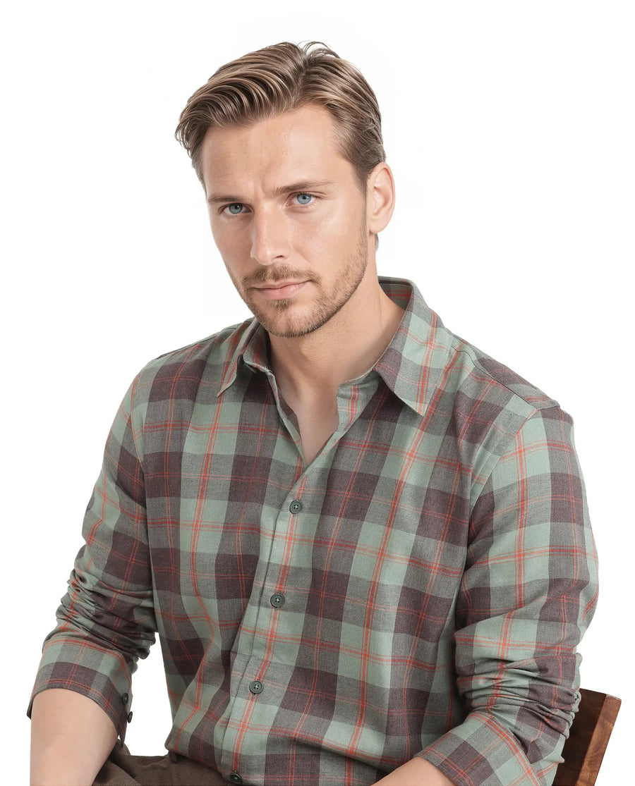 Rare Rabbit Men's Gory Dark Olive Cotton Checked Print Regular Fit Full Sleeve Collared Shirt