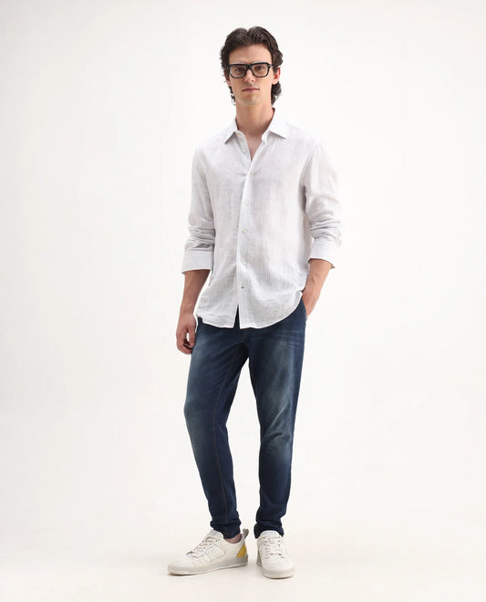 Rare Rabbit Men's Gracia Blue Cotton Plain Hawk Slim Fit Jeans