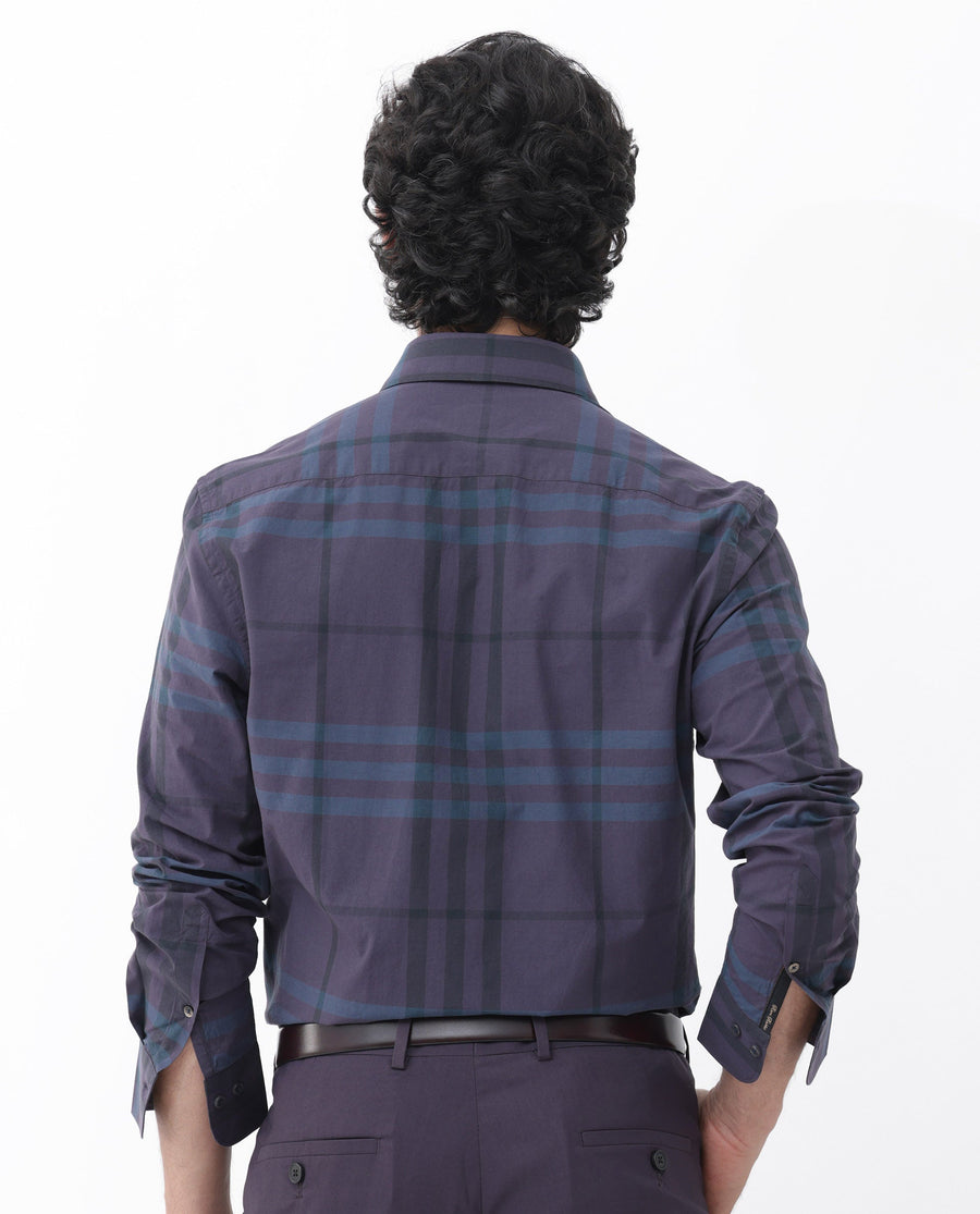 Rare Rabbit Men's Gramy Navy Cotton Checked Print Regular Fit Full Sleeve Collared Shirt