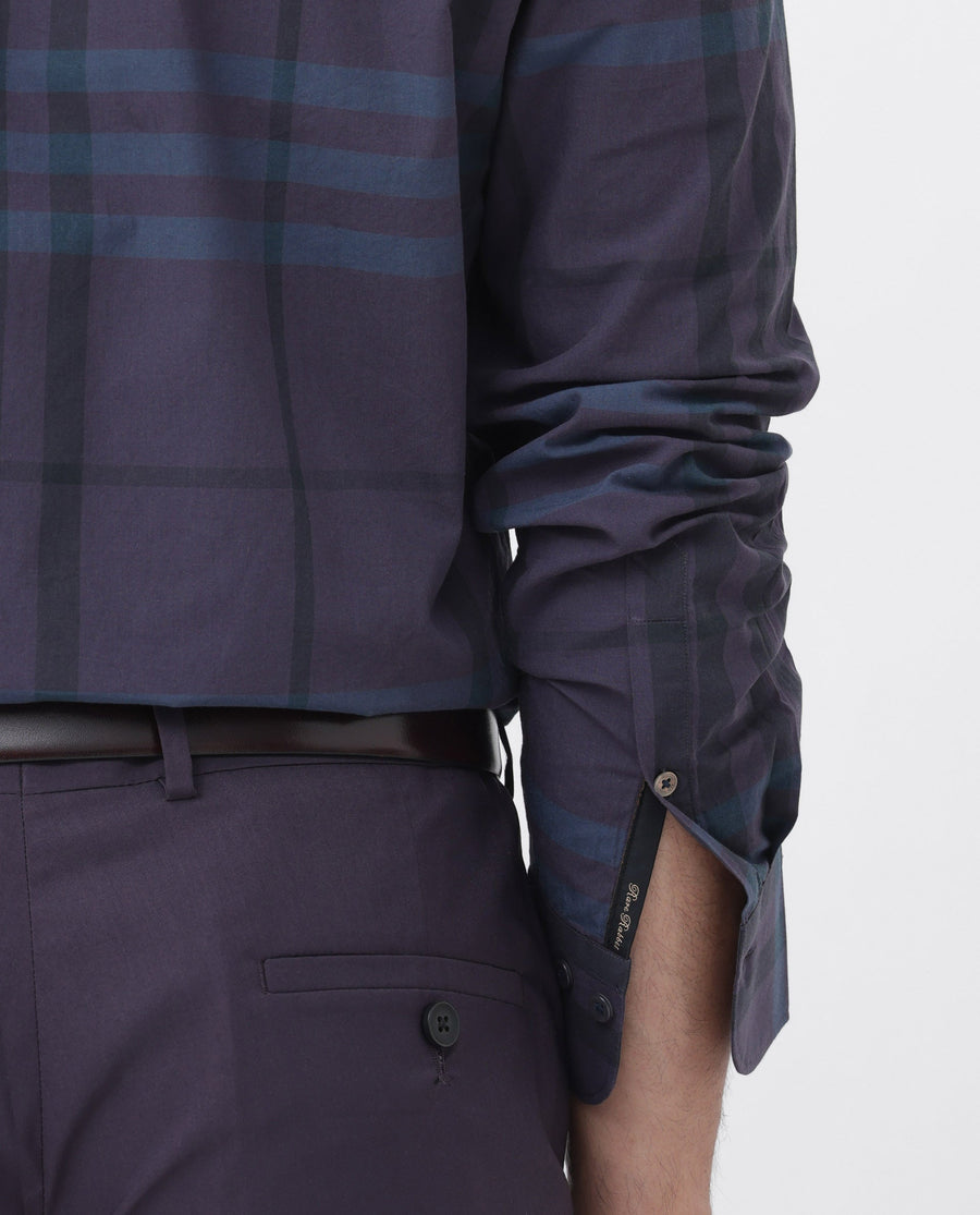 Rare Rabbit Men's Gramy Navy Cotton Checked Print Regular Fit Full Sleeve Collared Shirt
