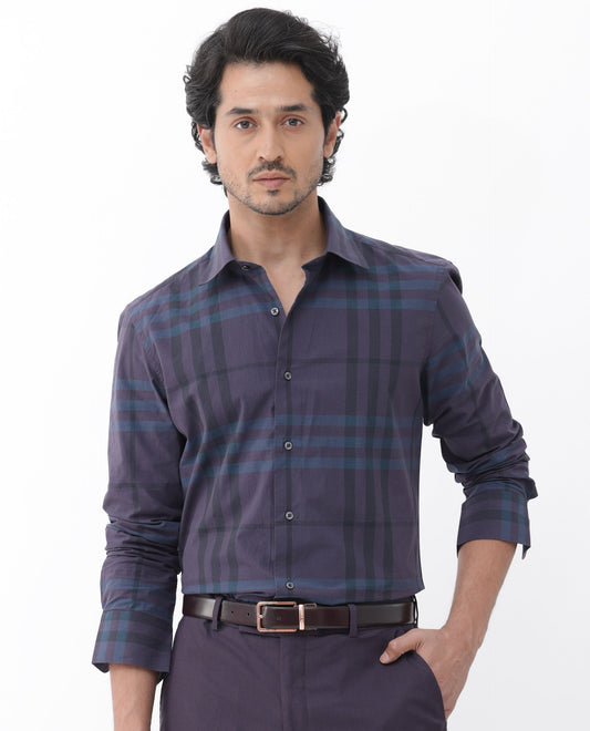 Rare Rabbit Men's Gramy Navy Cotton Checked Print Regular Fit Full Sleeve Collared Shirt