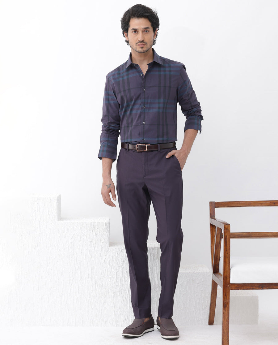 Rare Rabbit Men's Gramy Navy Cotton Checked Print Regular Fit Full Sleeve Collared Shirt