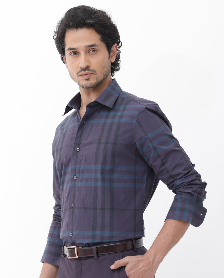 Rare Rabbit Men's Gramy Navy Cotton Checked Print Regular Fit Full Sleeve Collared Shirt