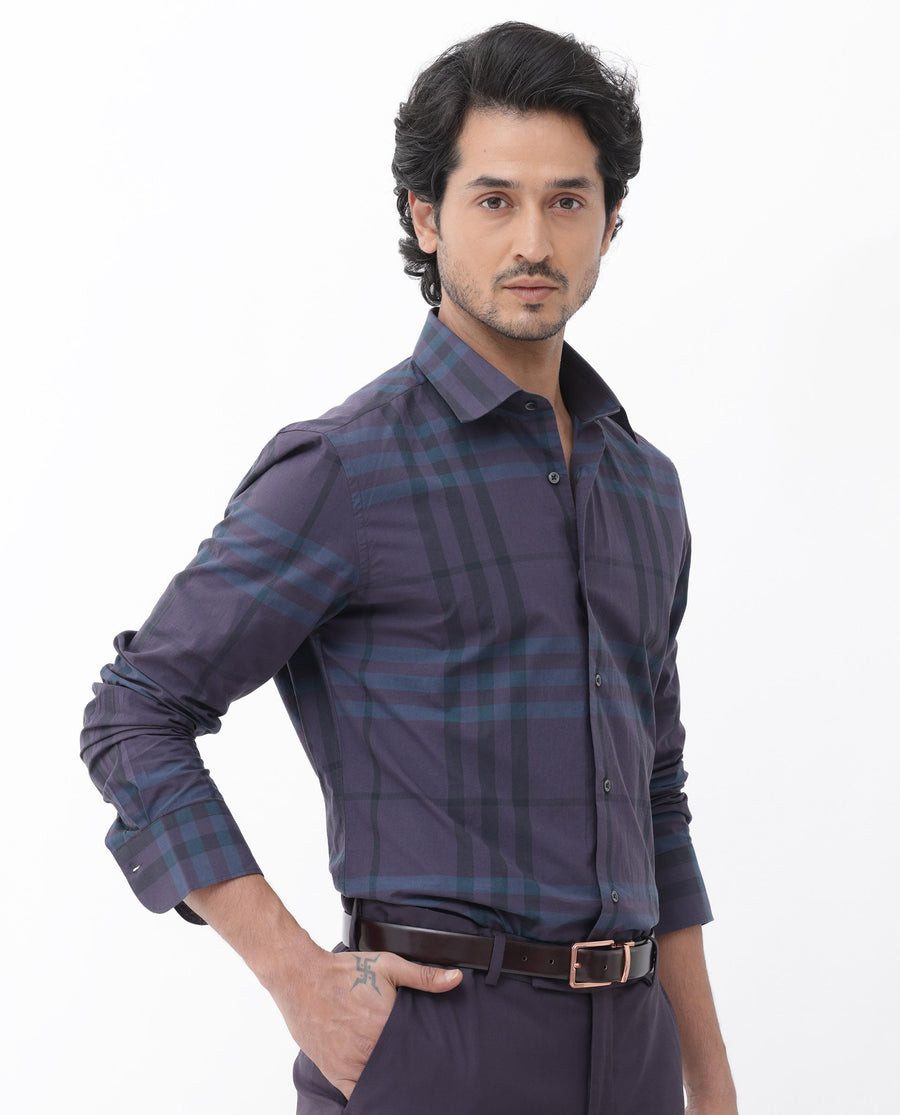 Rare Rabbit Men's Gramy Navy Cotton Checked Print Regular Fit Full Sleeve Collared Shirt