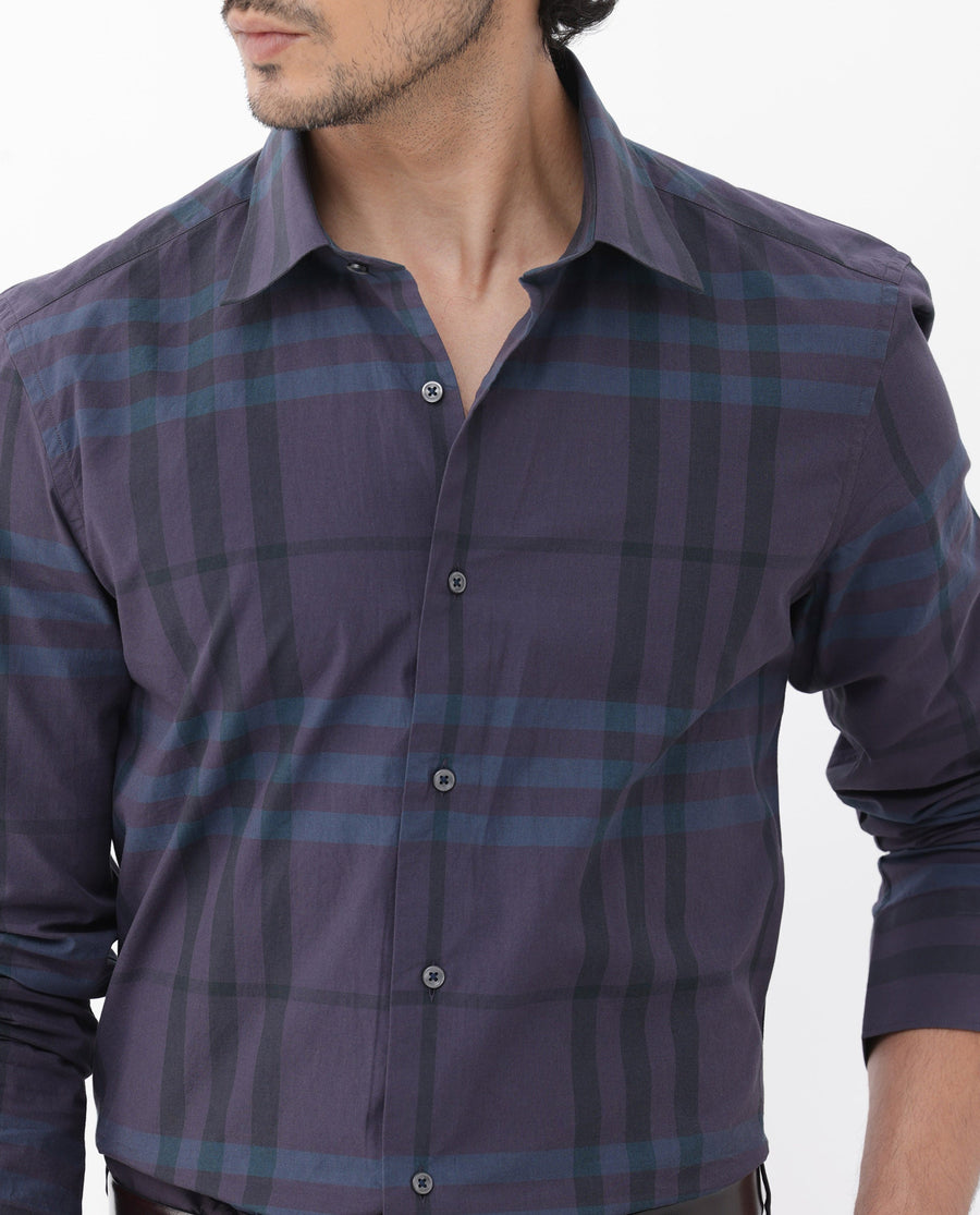Rare Rabbit Men's Gramy Navy Cotton Checked Print Regular Fit Full Sleeve Collared Shirt