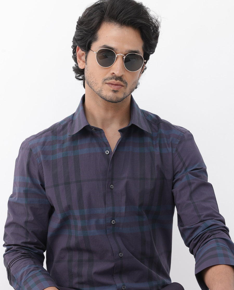 Rare Rabbit Men's Gramy Navy Cotton Checked Print Regular Fit Full Sleeve Collared Shirt