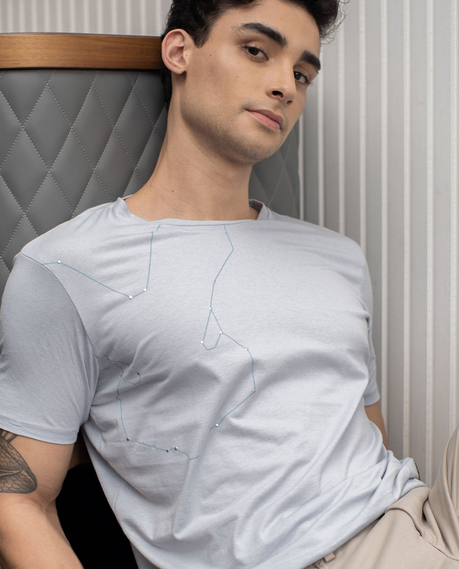 Rare Rabbit Men's Graph Blue Cotton Graphic Print Slim Fit Half Sleeve Crew Neck T-Shirt