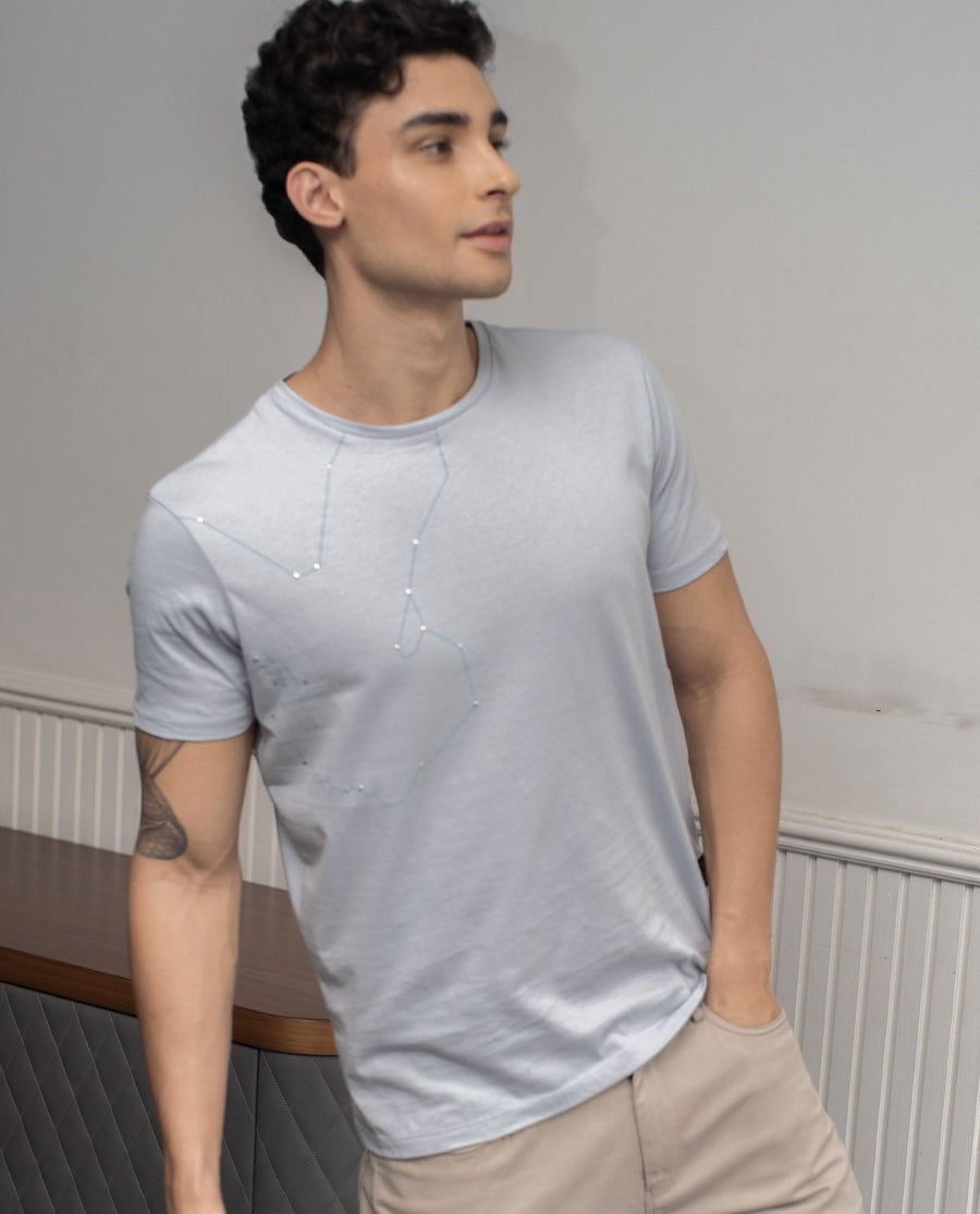 Rare Rabbit Men's Graph Blue Cotton Graphic Print Slim Fit Half Sleeve Crew Neck T-Shirt