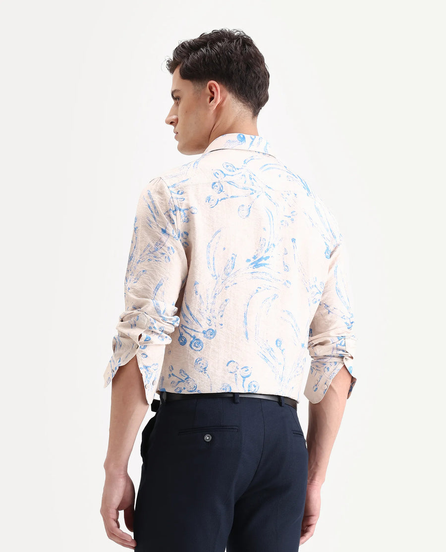 Rare Rabbit Men's Grat Light Beige Viscose Blend Fabric Collared Neck Regular Abstract Print Shirt