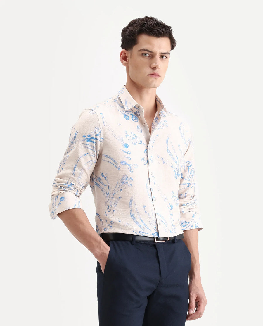 Rare Rabbit Men's Grat Light Beige Viscose Blend Fabric Collared Neck Regular Abstract Print Shirt