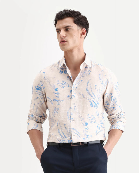 Rare Rabbit Men's Grat Light Beige Viscose Blend Fabric Collared Neck Regular Abstract Print Shirt