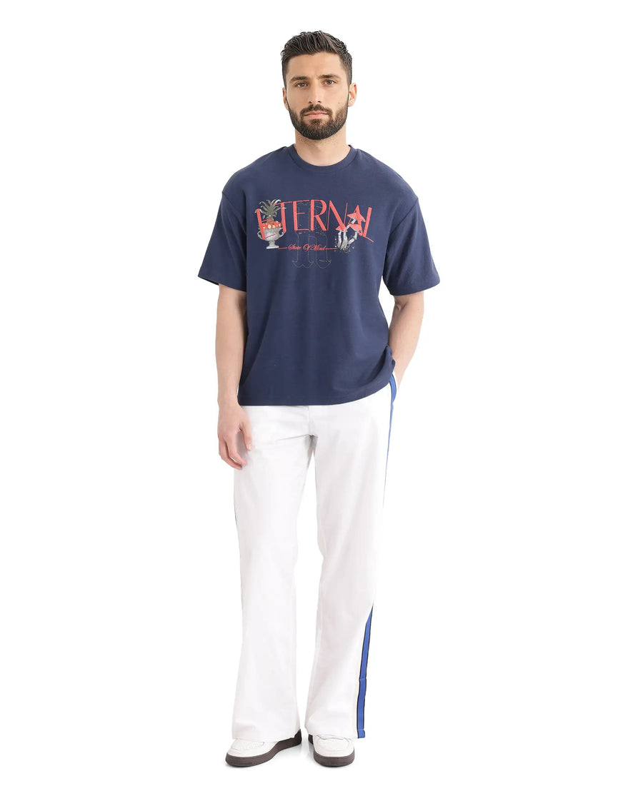 Rare Rabbit Men's Graw Navy Cotton Hd Print Oversized Fit Half Sleeve Crew Neck T-Shirt