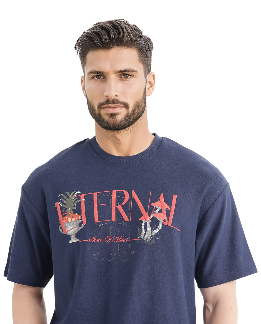 Rare Rabbit Men's Graw Navy Cotton Hd Print Oversized Fit Half Sleeve Crew Neck T-Shirt