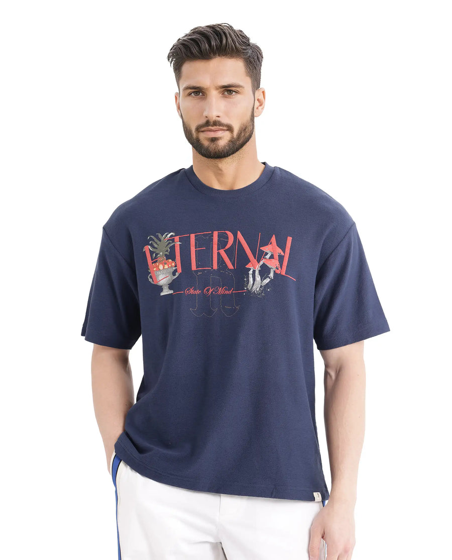 Rare Rabbit Men's Graw Navy Cotton Hd Print Oversized Fit Half Sleeve Crew Neck T-Shirt