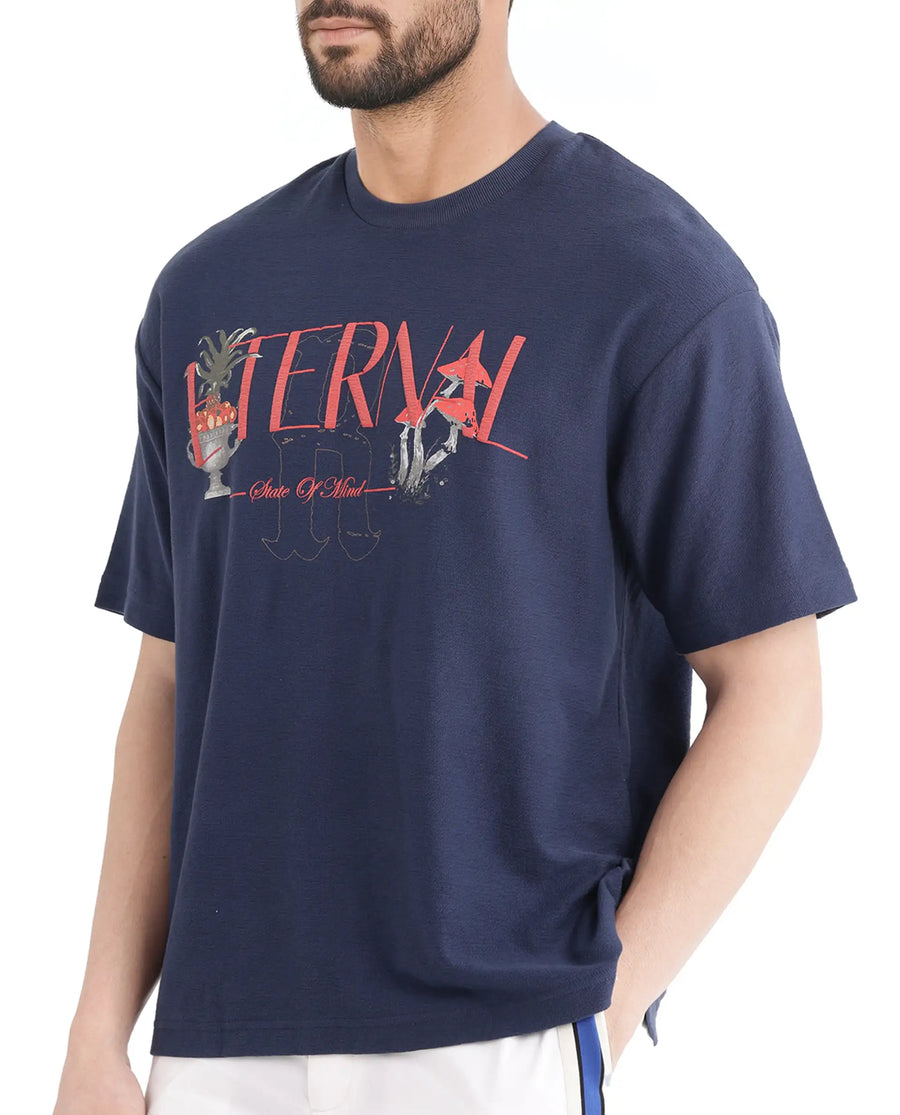 Rare Rabbit Men's Graw Navy Cotton Hd Print Oversized Fit Half Sleeve Crew Neck T-Shirt