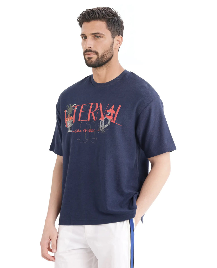 Rare Rabbit Men's Graw Navy Cotton Hd Print Oversized Fit Half Sleeve Crew Neck T-Shirt