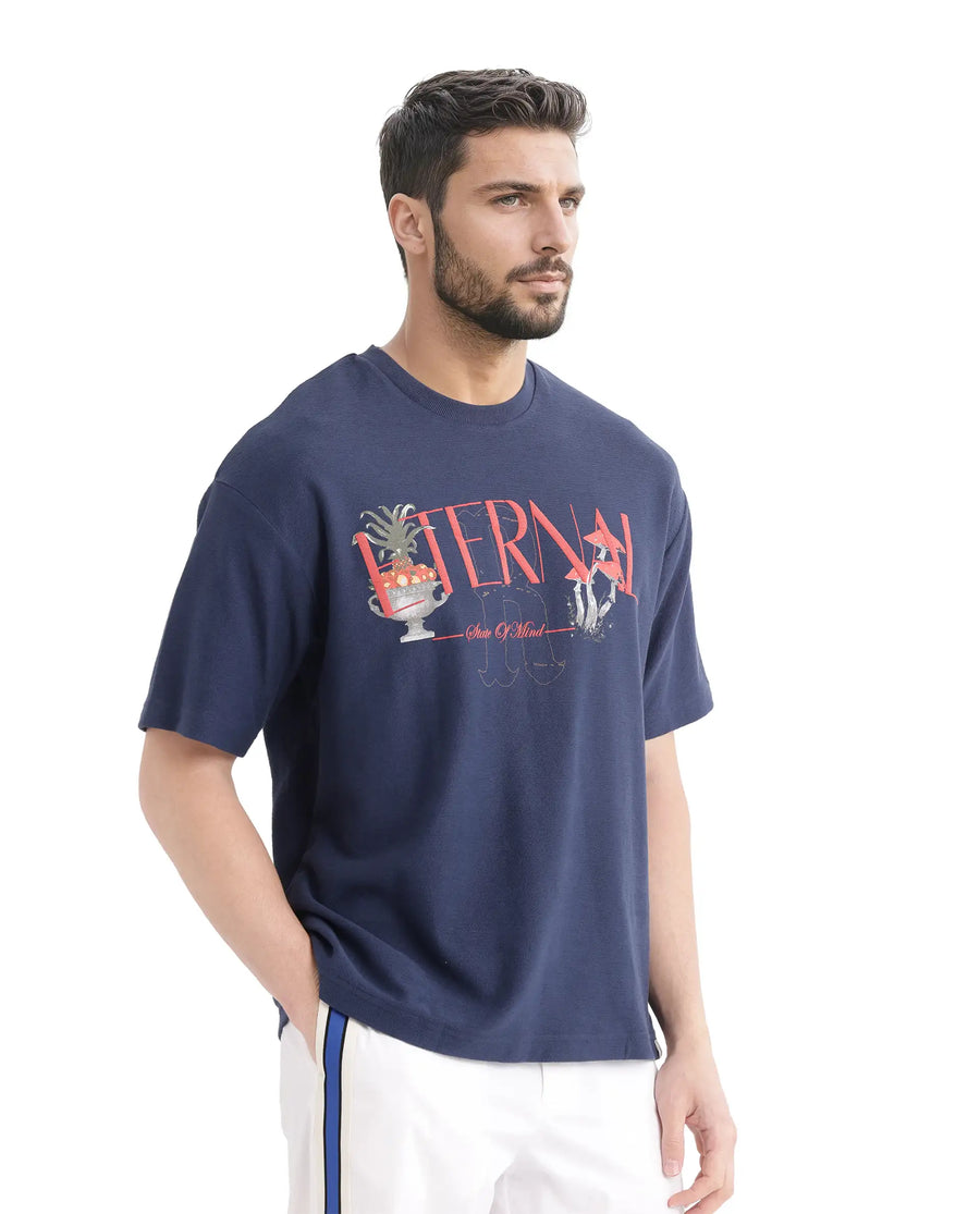 Rare Rabbit Men's Graw Navy Cotton Hd Print Oversized Fit Half Sleeve Crew Neck T-Shirt