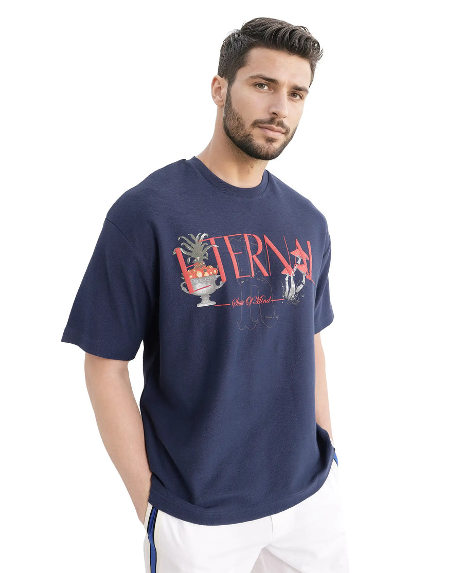 Rare Rabbit Men's Graw Navy Cotton Hd Print Oversized Fit Half Sleeve Crew Neck T-Shirt