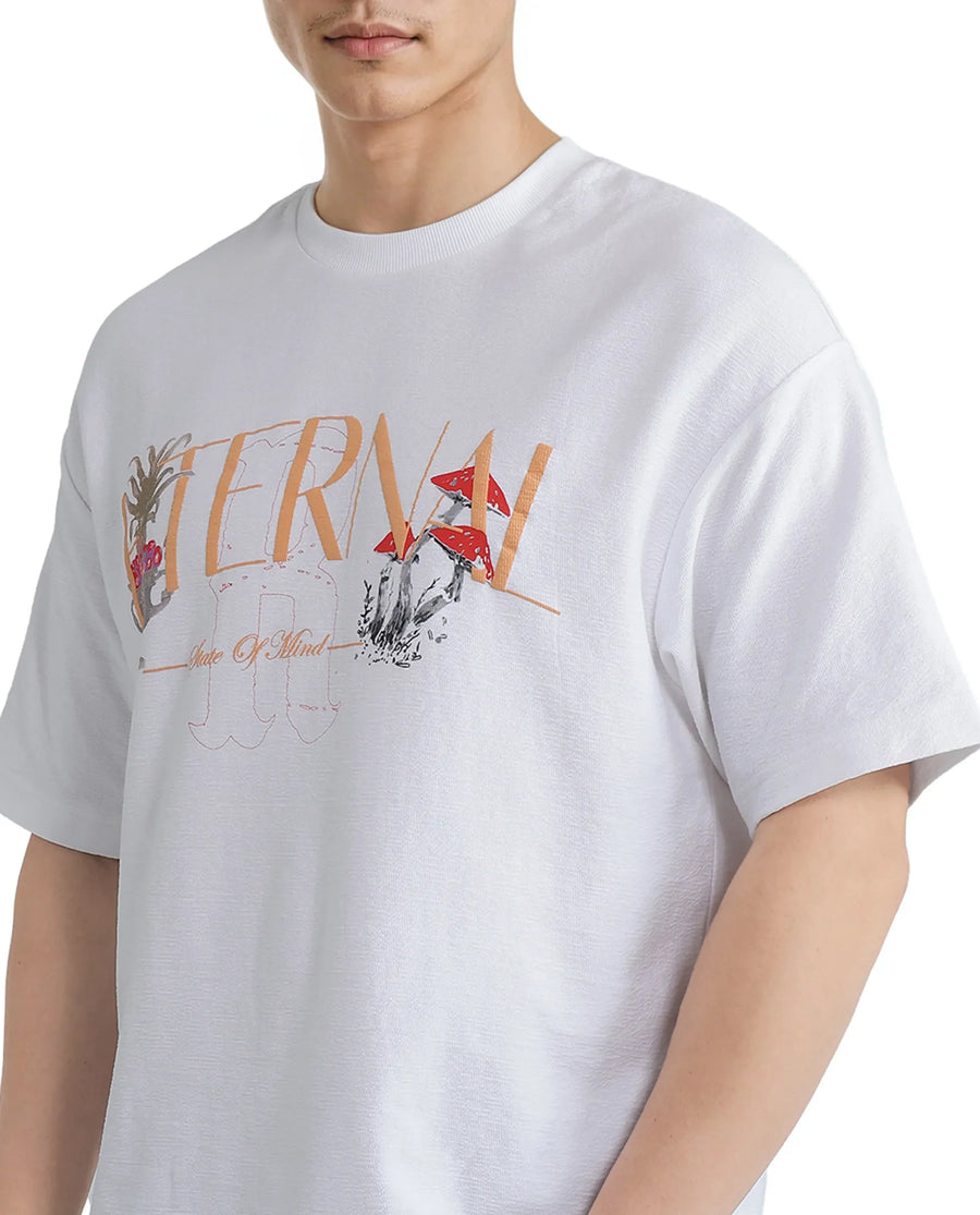 Rare Rabbit Men's Graw White Cotton Hd Print Oversized Fit Half Sleeve Crew Neck T-Shirt