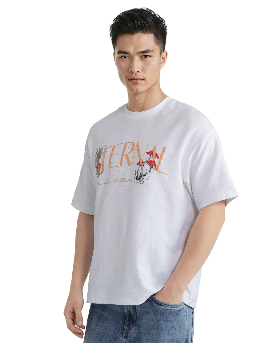 Rare Rabbit Men's Graw White Cotton Hd Print Oversized Fit Half Sleeve Crew Neck T-Shirt
