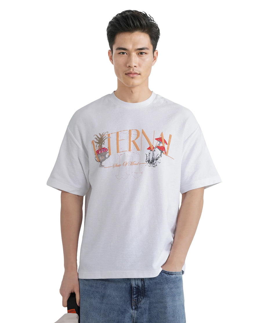 Rare Rabbit Men's Graw White Cotton Hd Print Oversized Fit Half Sleeve Crew Neck T-Shirt