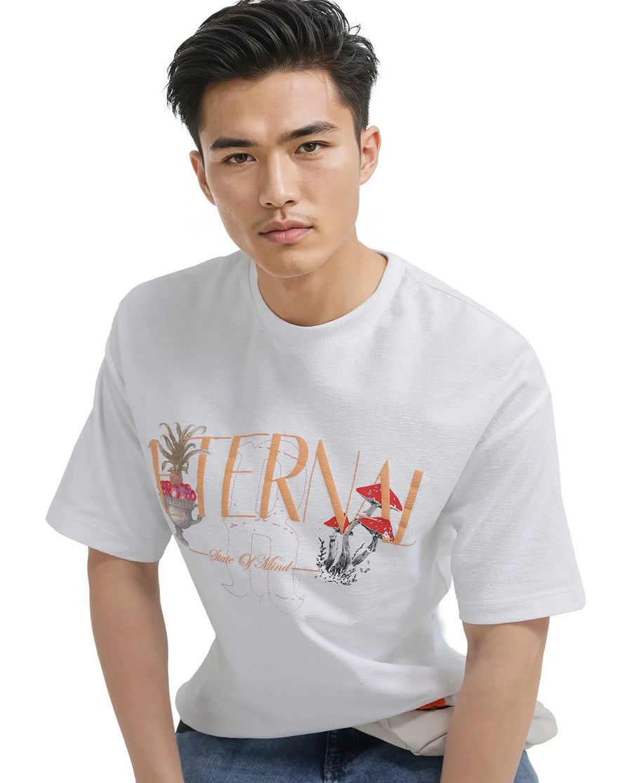 Rare Rabbit Men's Graw White Cotton Hd Print Oversized Fit Half Sleeve Crew Neck T-Shirt