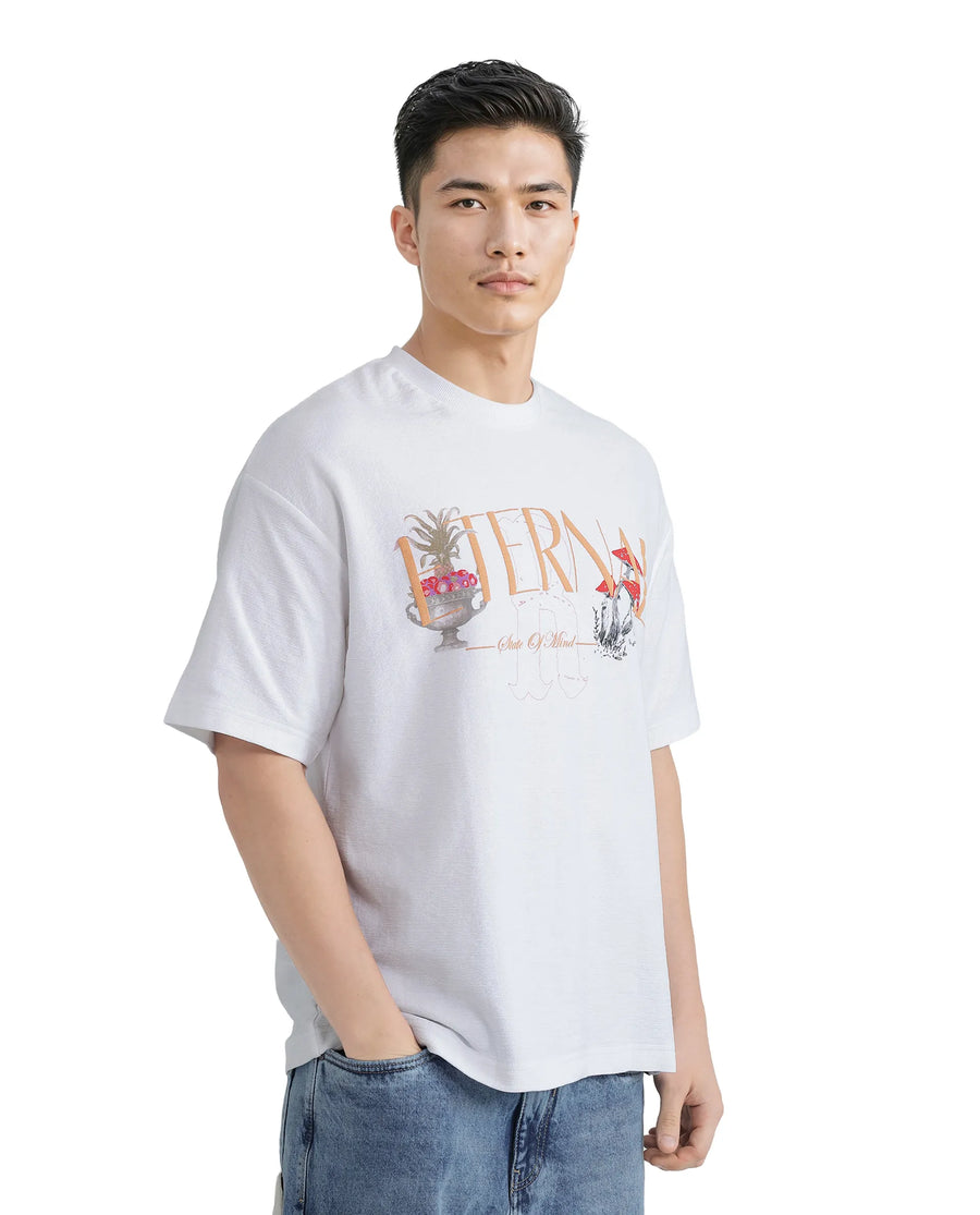 Rare Rabbit Men's Graw White Cotton Hd Print Oversized Fit Half Sleeve Crew Neck T-Shirt