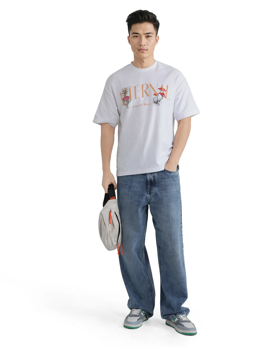 Rare Rabbit Men's Graw White Cotton Hd Print Oversized Fit Half Sleeve Crew Neck T-Shirt