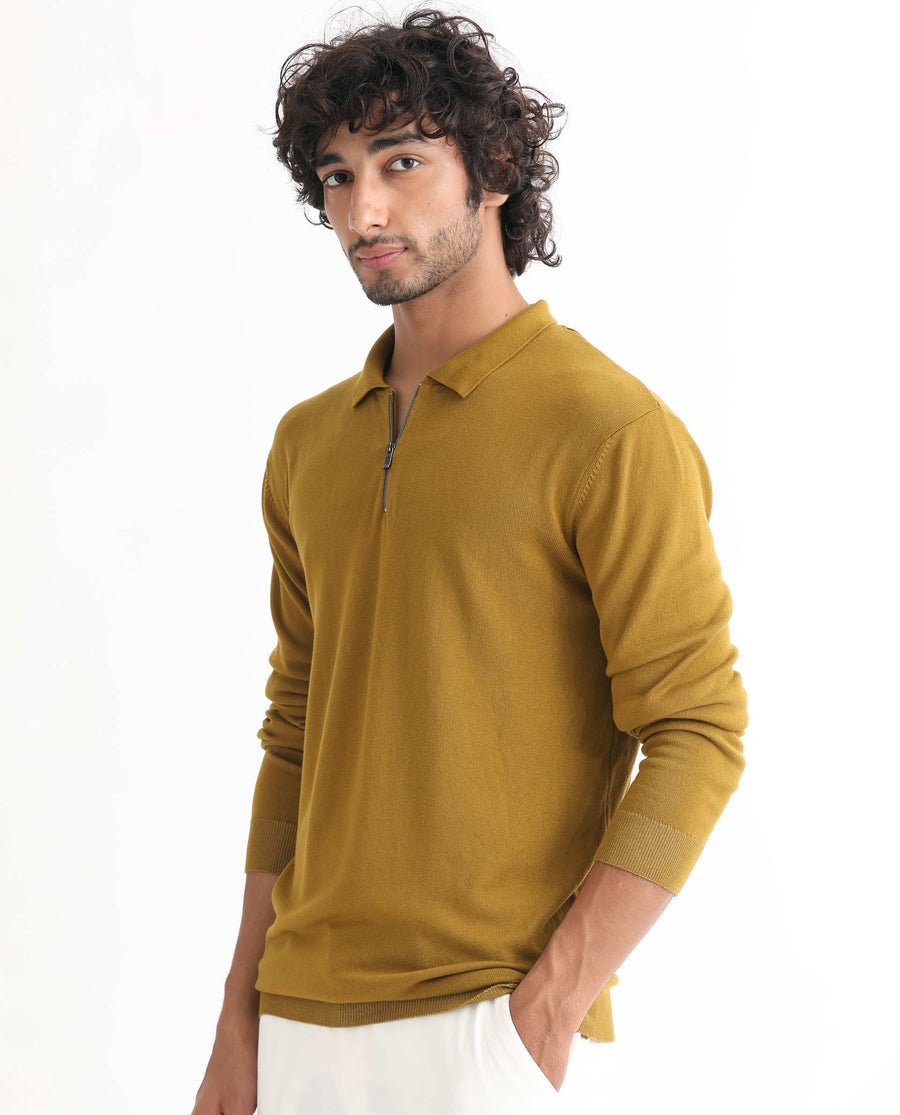 Rare Rabbit Men's Griffin Mustard Viscose Plain Regular Fit Full Sleeve Spread Collar Sweater