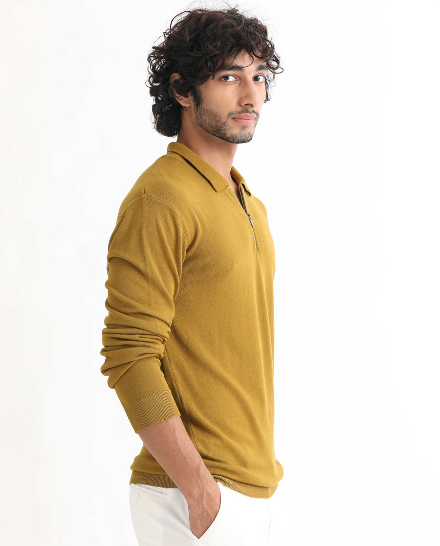 Rare Rabbit Men's Griffin Mustard Viscose Plain Regular Fit Full Sleeve Spread Collar Sweater