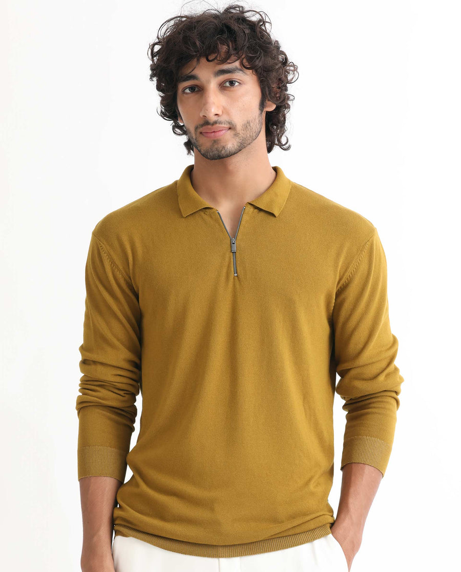 Rare Rabbit Men's Griffin Mustard Viscose Plain Regular Fit Full Sleeve Spread Collar Sweater