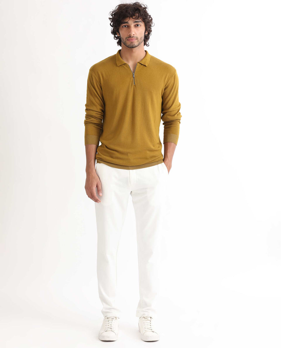 Rare Rabbit Men's Griffin Mustard Viscose Plain Regular Fit Full Sleeve Spread Collar Sweater