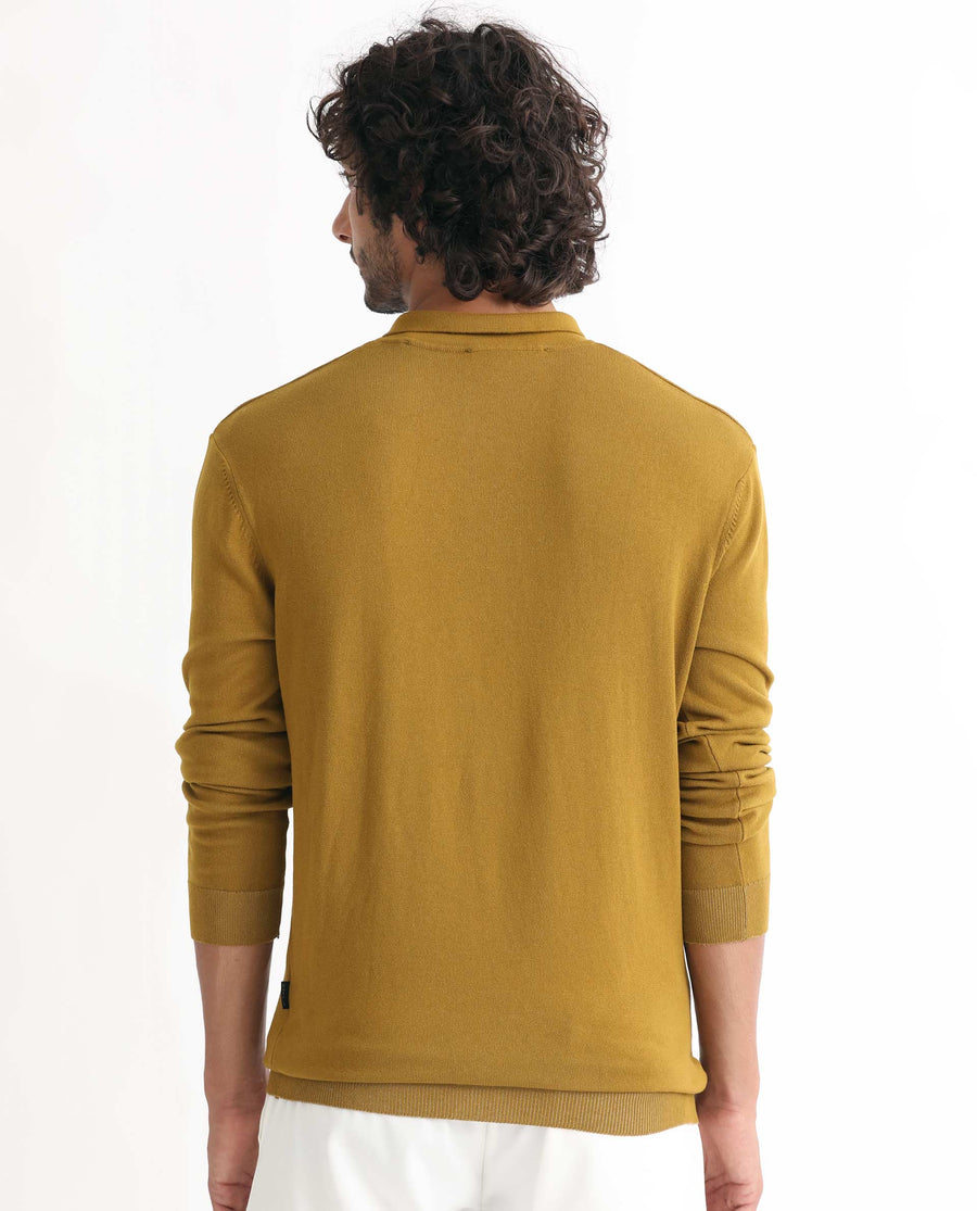 Rare Rabbit Men's Griffin Mustard Viscose Plain Regular Fit Full Sleeve Spread Collar Sweater