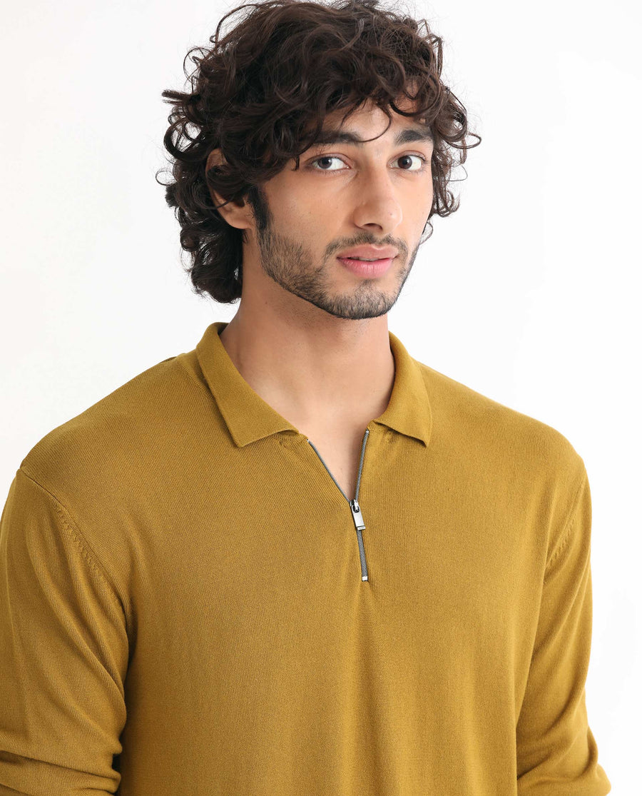 Rare Rabbit Men's Griffin Mustard Viscose Plain Regular Fit Full Sleeve Spread Collar Sweater