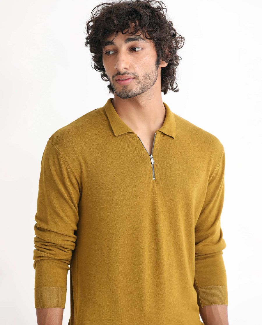 Rare Rabbit Men's Griffin Mustard Viscose Plain Regular Fit Full Sleeve Spread Collar Sweater