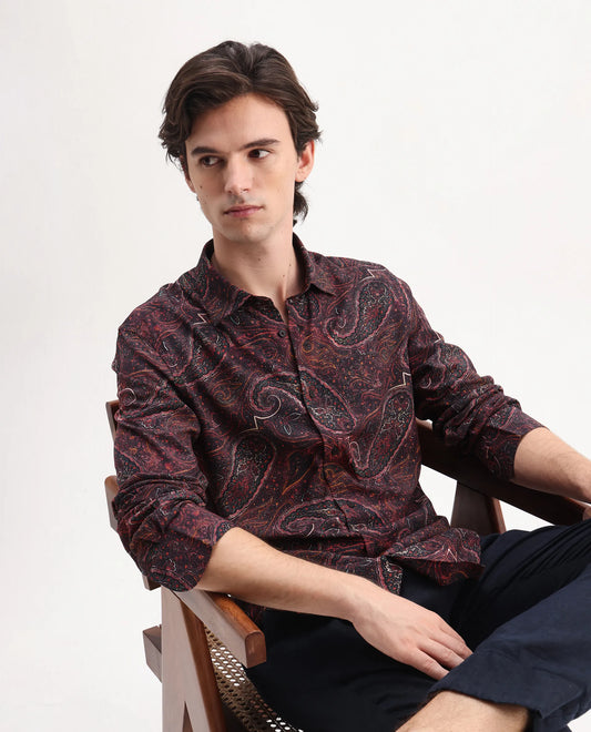 Rare Rabbit Men's Grilo Dusky Rust Viscose Paisley Print Regular Fit Full Sleeve Collared Shirt