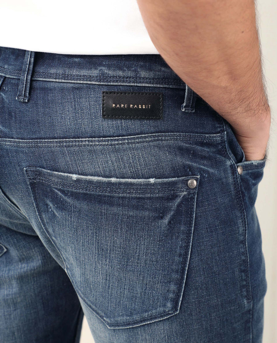 Rare Rabbit Men's Grimm Blue Cotton Plain Hawk Slim Fit Jeans