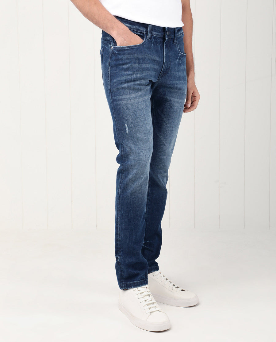 Rare Rabbit Men's Grimm Blue Cotton Plain Hawk Slim Fit Jeans