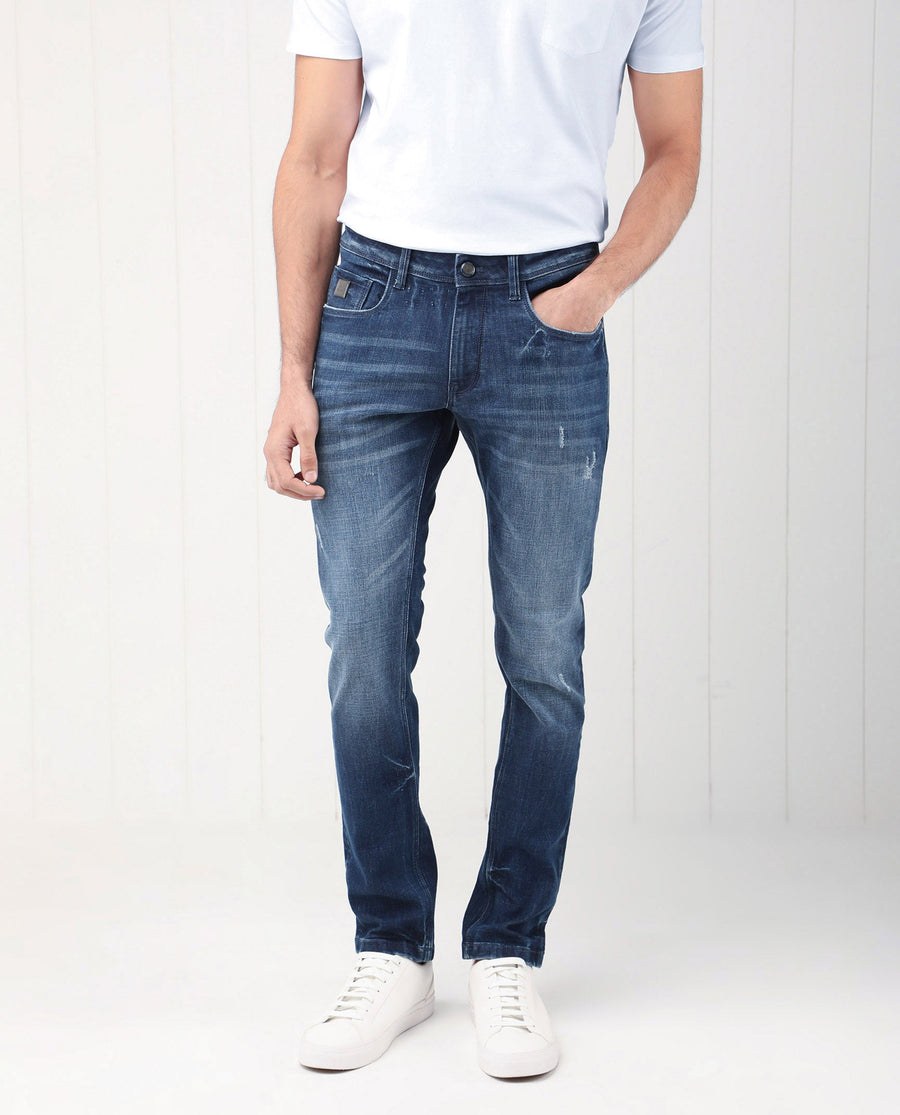 Rare Rabbit Men's Grimm Blue Cotton Plain Hawk Slim Fit Jeans