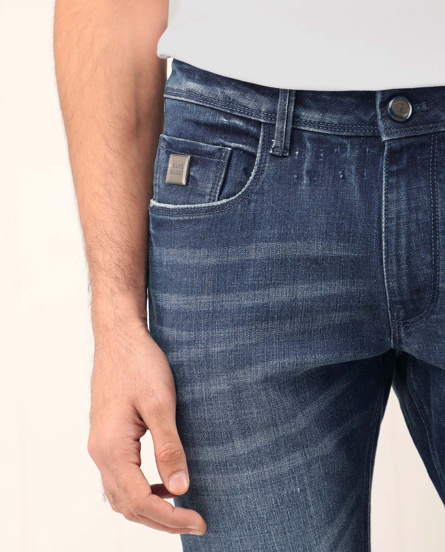 Rare Rabbit Men's Grimm Blue Cotton Plain Hawk Slim Fit Jeans